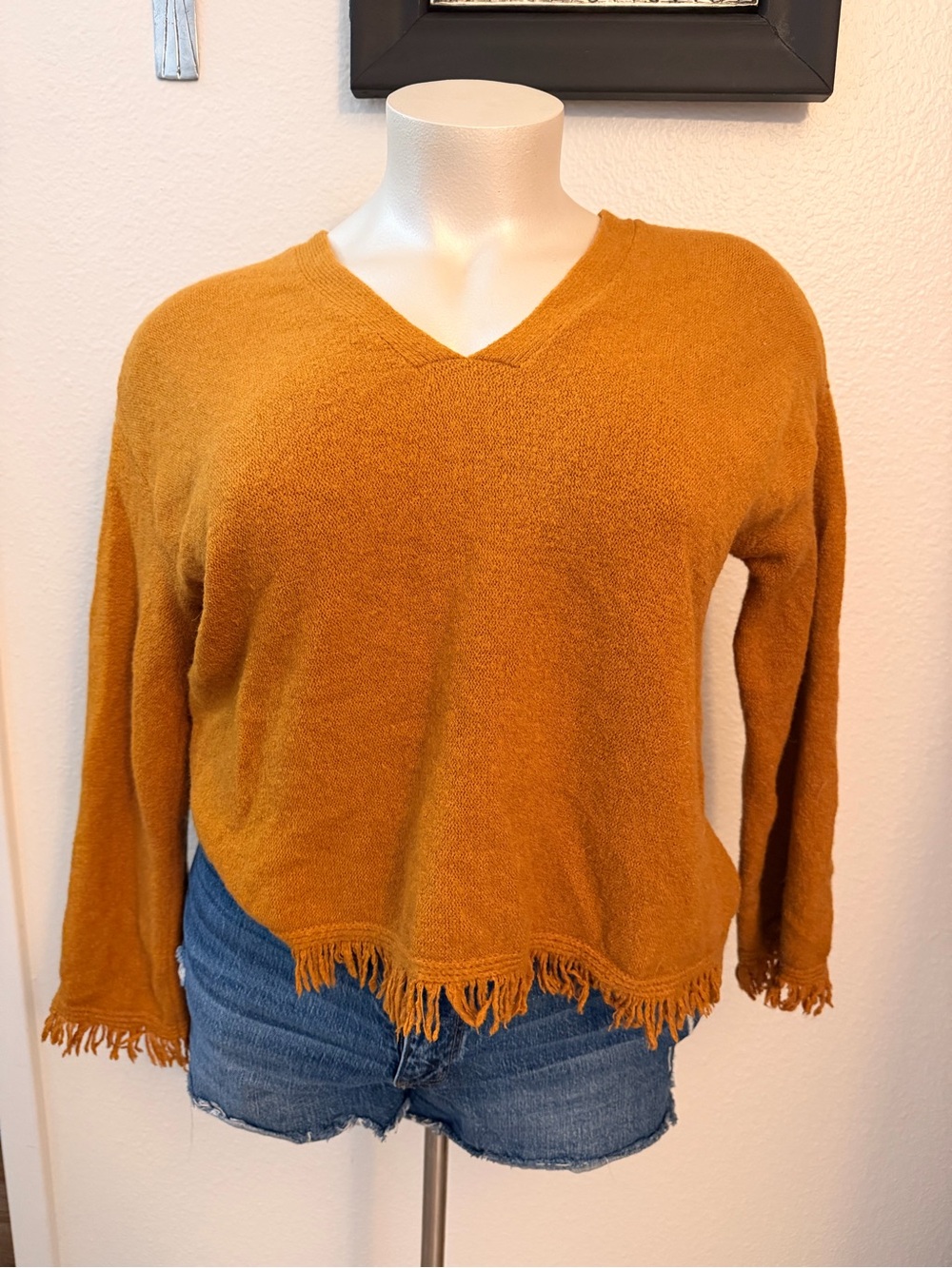 Anthropologie Golden Mustard Fringe V-Neck Sweater